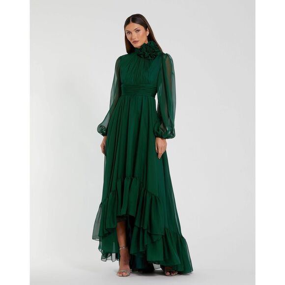 Mac Duggal Dresses & Skirts - MAC DUGGAL Green High Low Long Sleeve Chiffon Gown With 3D Flower US 6 $498